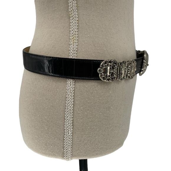 Fossil Black Croco Embossed Cowhide Belt Scrolled Silver Tone Accents/Buckle - L - Picture 6 of 15